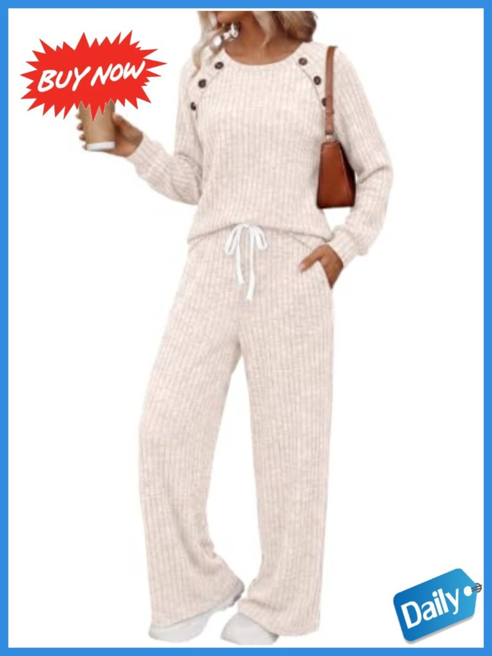 2 Piece Lounge Set Crew Neck Button Trim Top Drawstring Wide Leg Pants